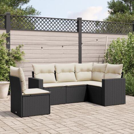 Ensemble Salon Jardin 5 Places Noir Résine Tressée avec Coussins Crème - Canapé d'Angle Modulaire (1/3)