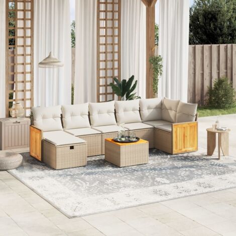 Ensemble de jardin 8 places en résine tressée beige avec coussins - Salon extérieur modulaire avec table acacia (1/4)