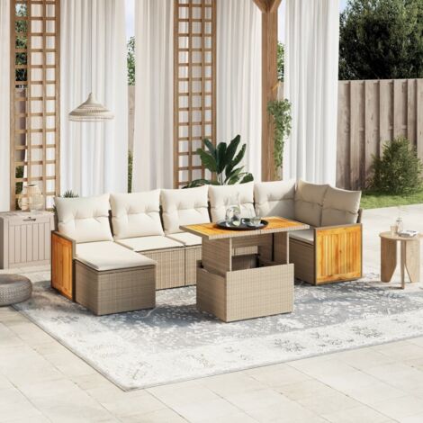 Salon de Jardin 8 Places en Résine Tressée Beige avec Table Réglable et Coussins Lavables - Ensemble Modulaire Jardin (1/3)
