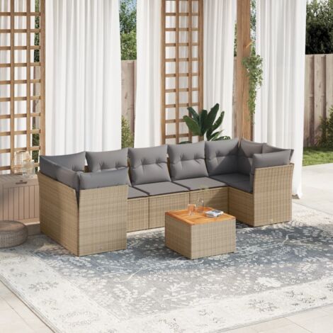 Ensemble Salon Jardin 8 Places Résine Tressée Beige avec Coussins Gris - Canapé d'Angle et Central, Table Acacia (1/3)