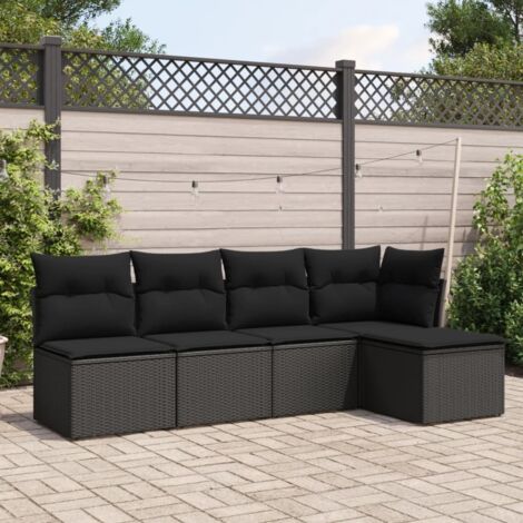 Ensemble Salon Jardin 5 Places Résine Tressée Noir avec Coussins Détachables - Canapé d'Angle + Sièges Modulables (1/3)