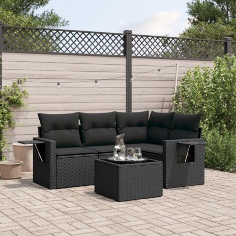 Ensemble Salon Jardin 5 Places Noir Résine Tressée avec Coussins Confortables - Canapé d'Angle, Table Verre Trempé et Mobilier d'Extérieur Durable (1/4)