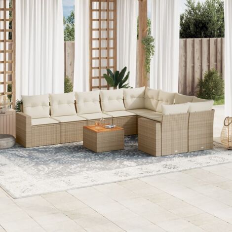 Ensemble Salon Jardin 10 Places Résine Tressée Beige avec Coussins Détachables, Table Acacia et Rangement Intégré (1/4)
