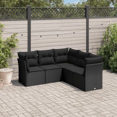 Ensemble Salon Jardin 5 Places Résine Tressée Noir avec Coussins - 3 Sièges d'Angle + 2 Centraux (1/3)