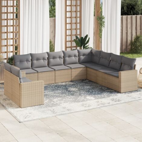 Ensemble Salon Jardin 10 Places Résine Tressée Beige avec Coussins Gris Modulable Stockage (1/3)