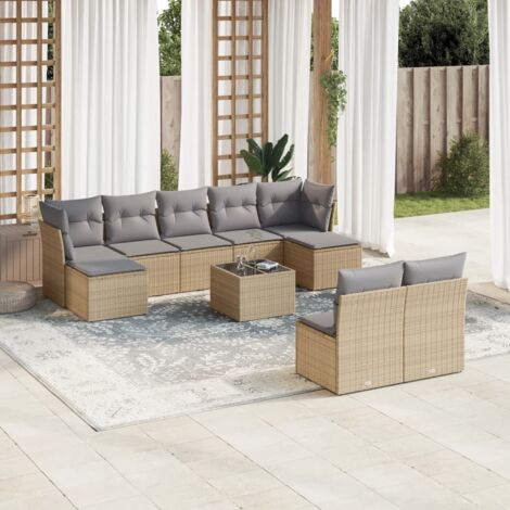 Ensemble Salon Jardin 10 Places Résine Tressée Beige avec Coussins Gris - Mobilier Extérieur Modulaire Verre Trempé (1/3)