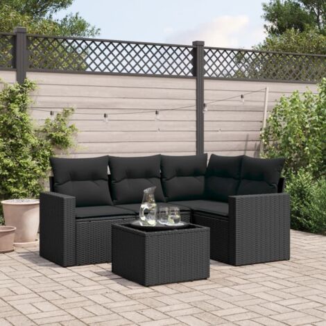 Ensemble Salon Jardin 5 Places Noir Résine Tressée avec Coussins et Table Verre Trempé - Modulaire Confortable (1/4)