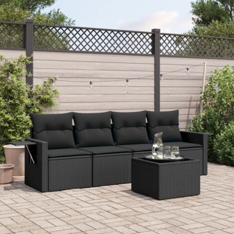 Ensemble Jardin 5 Places Noir Résine Tressée avec Coussins - Salon Extérieur Modulaire Table Verre Trempé (1/4)