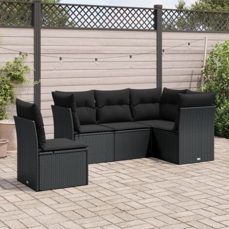 Ensemble Salon Jardin 5 Places Résine Tressée Noir avec Coussins Confortables - Meuble Extérieur Modulaire pour Terrasse (1/3)