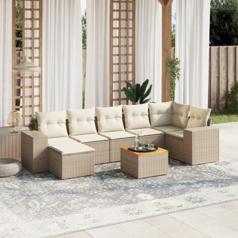 Ensemble de jardin 8 places en résine tressée beige avec coussins et table acacia - Meuble extérieur modulaire avec rangement (1/3)