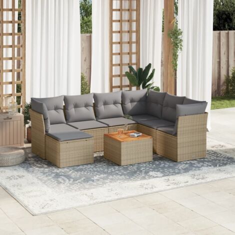 Ensemble de Jardin 8 Places en Résine Tressée Beige avec Coussins Gris - Salon d'Extérieur Modulaire avec Table Acacia (1/3)
