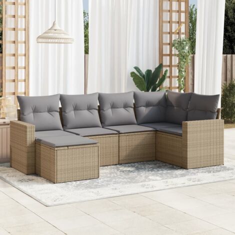 Ensemble Salon Jardin 6 Places Résine Tressée Beige avec Coussins Gris Modulable (1/3)