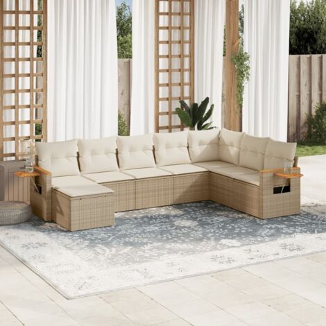 Salon de Jardin 8 Places en Résine Tressée Beige avec Coussins - Ensemble Modulaire avec Table d'Appoint et Espace de Rangement (1/3)