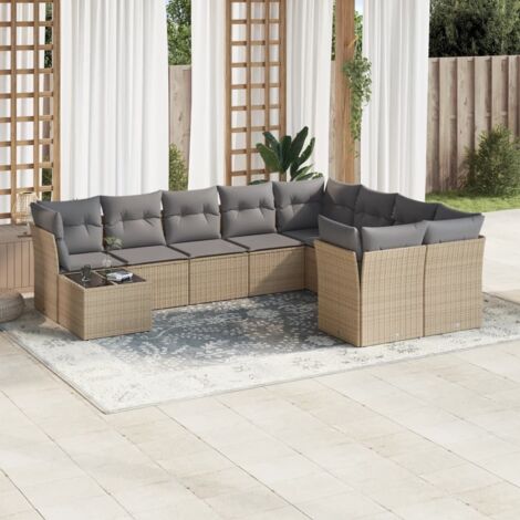 Ensemble Salon Jardin 10 Places Résine Tressée Beige avec Coussins Gris - Table Verre Trempé - Modulaire (1/3)