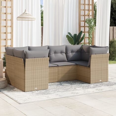 Ensemble Salon Jardin 6 Places Résine Tressée Beige avec Coussins Gris - Canapé d'Extérieur Modulaire (1/3)