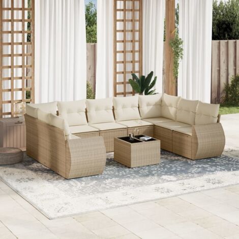 Ensemble Salon Jardin 10 Places Résine Tressée Beige avec Coussins Amovibles, Table Verre Trempé, Modulaire et Rangement Intégré (1/3)