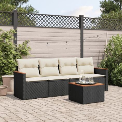 Ensemble Salon Jardin 5 Places Noir Résine Tressée avec Coussins Crème - Table Acacia - Modulaire Extérieur (1/4)