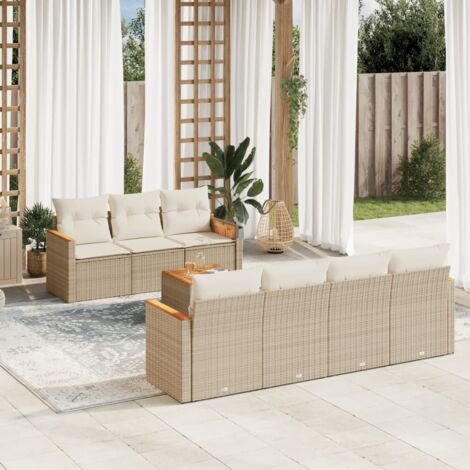 Ensemble de Jardin 8 Places en Résine Tressée Beige avec Coussins - Salon d'Extérieur Modulaire avec Table Acacia et Sièges de Rangement (1/3)