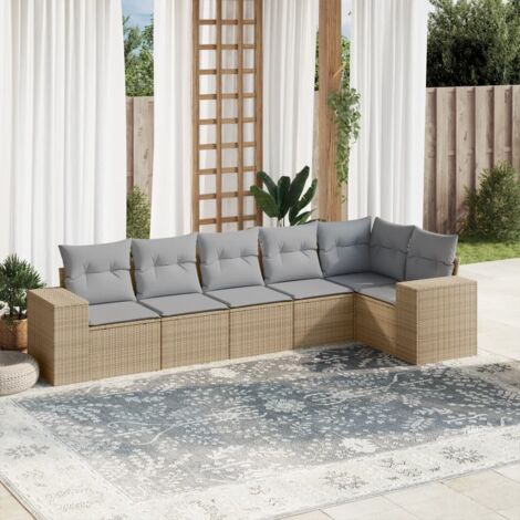Ensemble Salon Jardin 6 Places Résine Tressée Beige avec Coussins Gris - Mobilier Extérieur Modulaire avec Rangement (1/3)