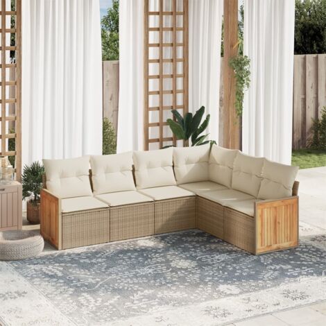 Ensemble Salon Jardin 6 Places Résine Tressée Beige avec Coussins - Canapé d'Angle, Central et Accoudoirs - Mobilier Extérieur Modulaire (1/4)
