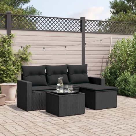 Ensemble Salon Jardin 5 Places Noir Résine Tressée avec Coussins et Table Verre Trempé - Meuble Extérieur Modulaire (1/4)