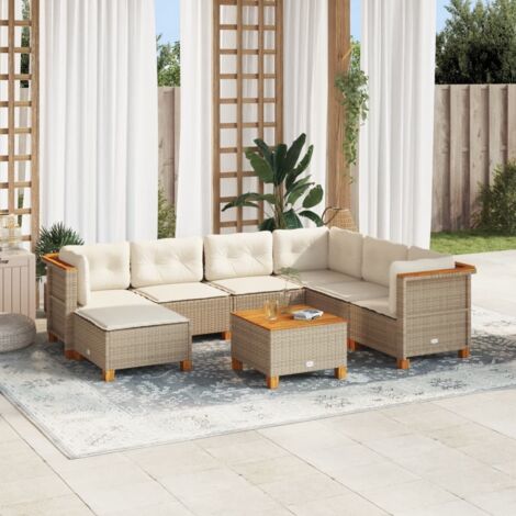 Ensemble Salon Jardin 8 Places Résine Tressée Beige avec Coussins Crème - Table Acacia et Sièges Modulables (1/5)