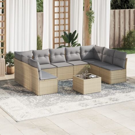 Ensemble Salon Jardin 10 Places Résine Tressée Beige avec Coussins Gris - Table Verre Trempé, Modulaire (1/3)