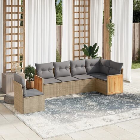 Ensemble Salon Jardin 6 Places Résine Tressée Beige avec Coussins Gris - Meuble Extérieur Modulaire (1/4)