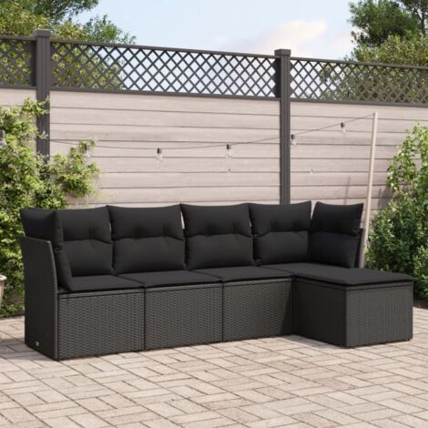 Ensemble Salon Jardin 5 Places Noir Résine Tressée avec Coussins - Meuble Extérieur Modulaire (1/3)