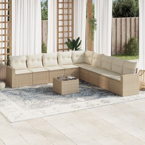 Ensemble Salon Jardin 10 Places Résine Tressée Beige avec Coussins Lavables, Table Verre Trempé et Rangement Intégré (1/3)