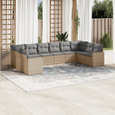 Ensemble Salon Jardin 10 Places Résine Tressée Beige avec Coussins Gris Modulable Stockage (1/3)