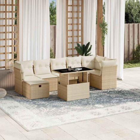 Ensemble Salon Jardin 8 Places Résine Tressée Beige avec Coussins - Table Réglable et Mobilier Modulaire (1/5)