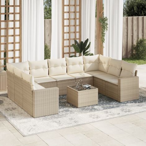 Ensemble Salon Jardin 10 Places Résine Tressée Beige avec Coussins Amovibles et Table Verre Trempé (1/3)