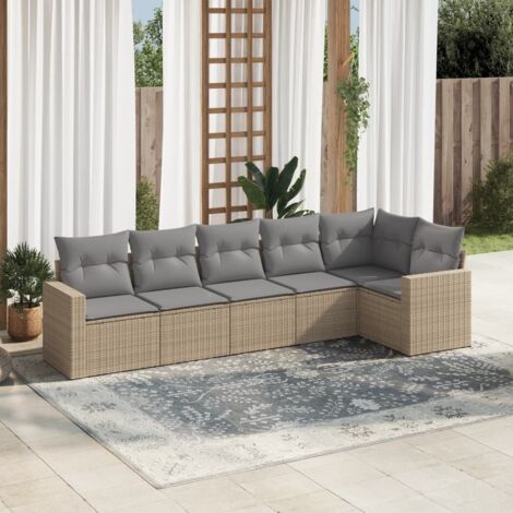 Ensemble Salon Jardin 6 Places Résine Tressée Beige avec Coussins Gris - Canapé d'Angle Modulaire (1/3)