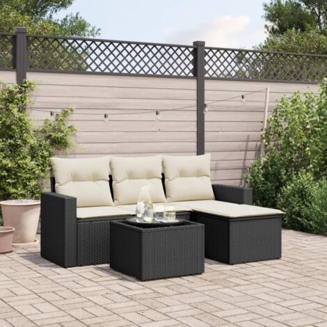 Salon de Jardin 5 Places Noir Résine Tressée avec Table Verre Trempé et Coussins Détachables - Ensemble Modulaire Jardin (1/4)