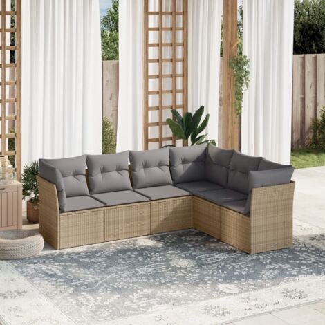 Canapé d'extérieur 6 places en résine tressée beige avec coussins déhoussables - Ensemble salon jardin modulaire (1/4)