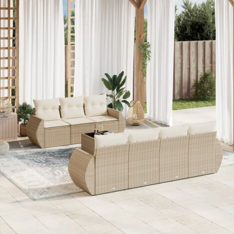 Ensemble Salon Jardin 8 Places Beige Résine Tressée avec Table Verre Trempé et Coussins Lavables - Stockage Intégré (1/3)