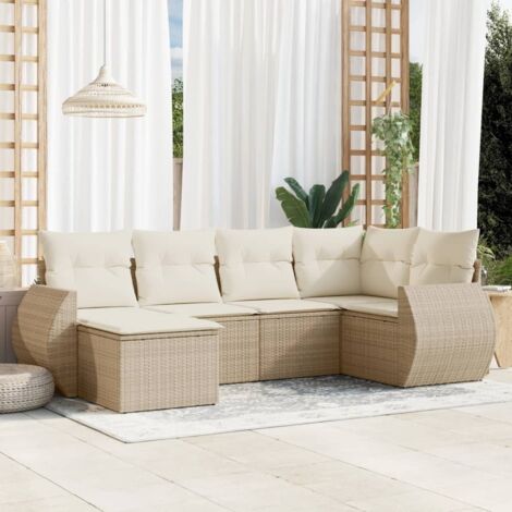 Ensemble Salon Jardin 6 Places Résine Tressée Beige avec Coussins Amovibles et Rangement (1/3)