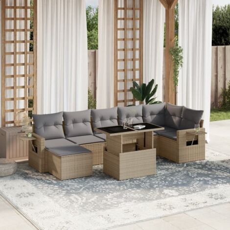 Ensemble de Jardin 8 Places en Résine Tressée Beige avec Coussins Gris - Salon d'Extérieur Modulaire avec Table Réglable et Accoudoirs (1/5)