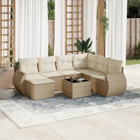 Salon de Jardin 8 Places en Résine Tressée Beige avec Coussins - Ensemble Modulaire avec Table en Verre Trempé pour Terrasse (1/5)