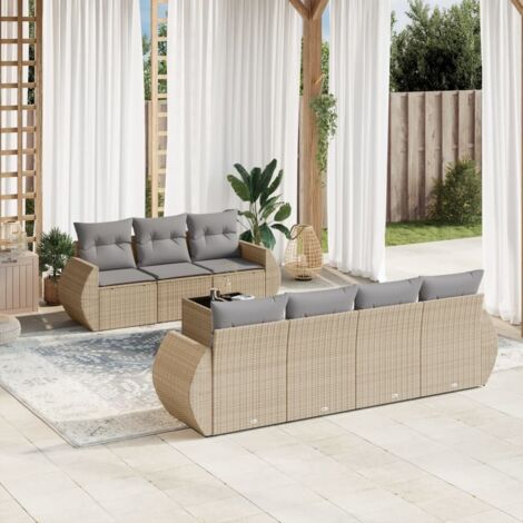Salon de Jardin 8 Places en Résine Tressée Beige avec Table Verre Trempé et Coussins Gris - Stockage Intégré (1/3)