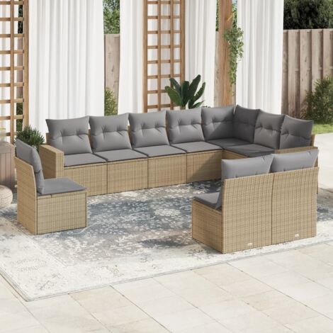 Ensemble Salon Jardin 10 Places Résine Tressée Beige avec Coussins Gris Modulable (1/3)
