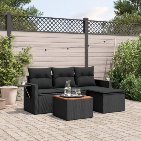 Ensemble Jardin 5 Places Noir Résine Tressée avec Coussins - Salon Extérieur Modulaire Acacia (1/4)