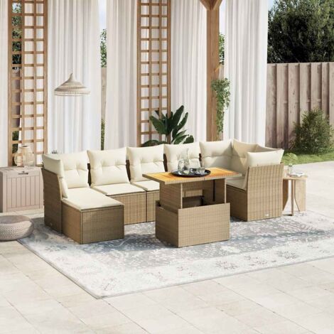 Salon de Jardin 8 Places en Résine Tressée Beige avec Table Réglable et Coussins Lavables - Ensemble Modulaire Jardin avec 3 Sièges d'Angle et 3 Centraux (1/4)