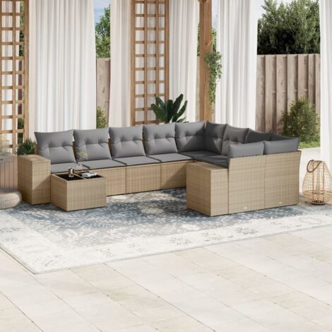 Ensemble Salon Jardin 10 Places Résine Tressée Beige avec Coussins Gris - Modulaire Table Verre Trempé (1/4)