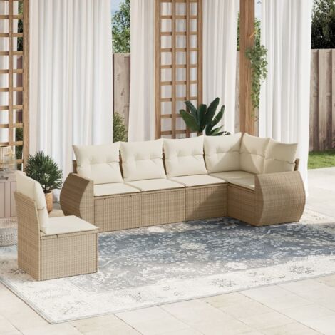 Ensemble Salon Jardin 6 Places Résine Tressée Beige avec Coussins - Canapé d'Angle, Central et Accoudoirs - Mobilier Extérieur Modulaire (1/4)