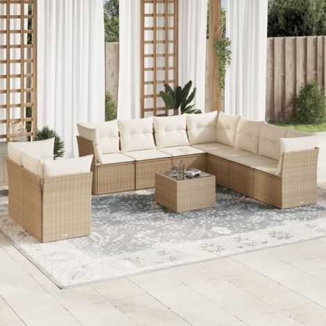 Ensemble Salon Jardin 10 Places Résine Tressée Beige avec Coussins - Table Verre Trempé, Modulaire, Housse Lavable (1/3)
