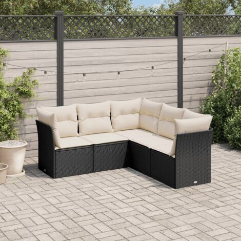 Ensemble Salon Jardin 5 Places Résine Tressée Noir avec Coussins Crème - Meuble Extérieur Modulaire (1/3)