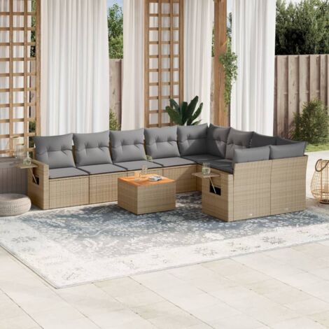 Ensemble Salon Jardin 10 Places Résine Tressée Beige avec Coussins Gris - Mobilier Extérieur Modulaire Table Acacia (1/4)