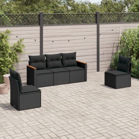 Ensemble Salon Jardin 5 Places Noir Résine Tressée avec Coussins Amovibles - Canapé Modulaire Extérieur (1/4)